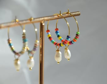 Boucles d'oreilles dorées, boucles d'oreilles avec perles, boucles d'oreilles d'été, boucles d'oreilles créoles, boucles d'oreilles perles, bijoux bohème hippie