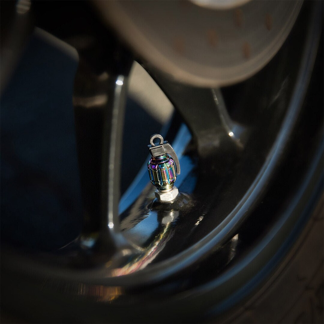 Grenade Oil Slick Motorcycle Valve Caps, Tire Valve Caps, Gift for