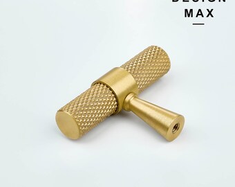 Gold Knurled Solid Brass T-Knob: Cabinet Drawer Pull