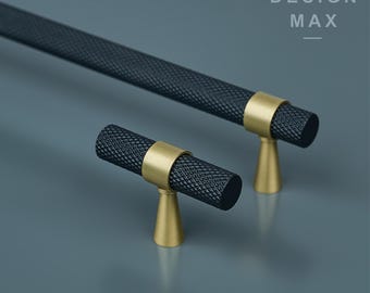 Knurled Solid Brass Cabinet Handle: Modern T Bar Pull