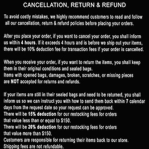 May include: Text on a white background outlining cancellation, return, and refund policies for online orders. The text states that customers are responsible for returning items to the store and that shipping fees are not refundable.