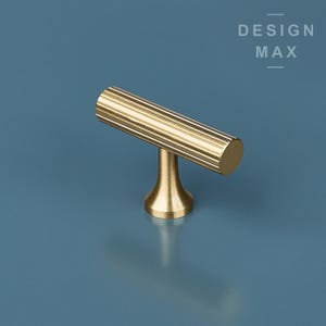 May include: A gold-toned T-shaped cabinet knob with a fluted design.  DESIGN MAX is printed in black text above the knob.