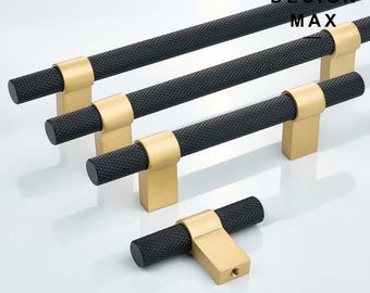 Solid Brass Knurled Cabinet Pulls: Matte Black & Gold Kitchen Hardware