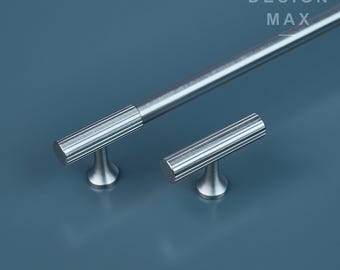Solid Brass Knurled Cabinet Pull Handle: Satin Silver Modern Hardware