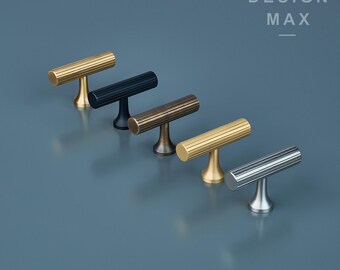 Mid Century Modern Gekordelter T-Knauf aus Massivem Messing - Design Max