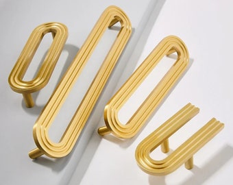 Unique Minimalist Golden Cupboard Handles and Brass Cabinet Door Knobs, Brass Furniture Handles, Contemporary Knobs and Pulls