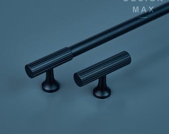 Knurled Matte Black Brass Cabinet Pulls - Modern Hardware