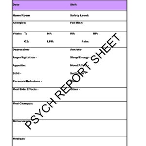 NURSING REPORT Sheet Psych/Mental Health Nurse Organizer rn/lpn/pmhnp simple Nurse Planner printable image 1
