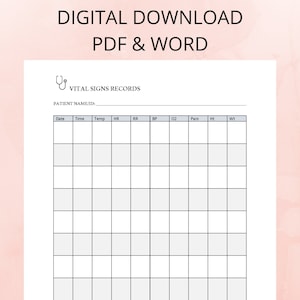 VITAL SIGNS RECORD - Nursing - Nurse Paperwork - Hospital - Home Health - Personal Use - Digital Download