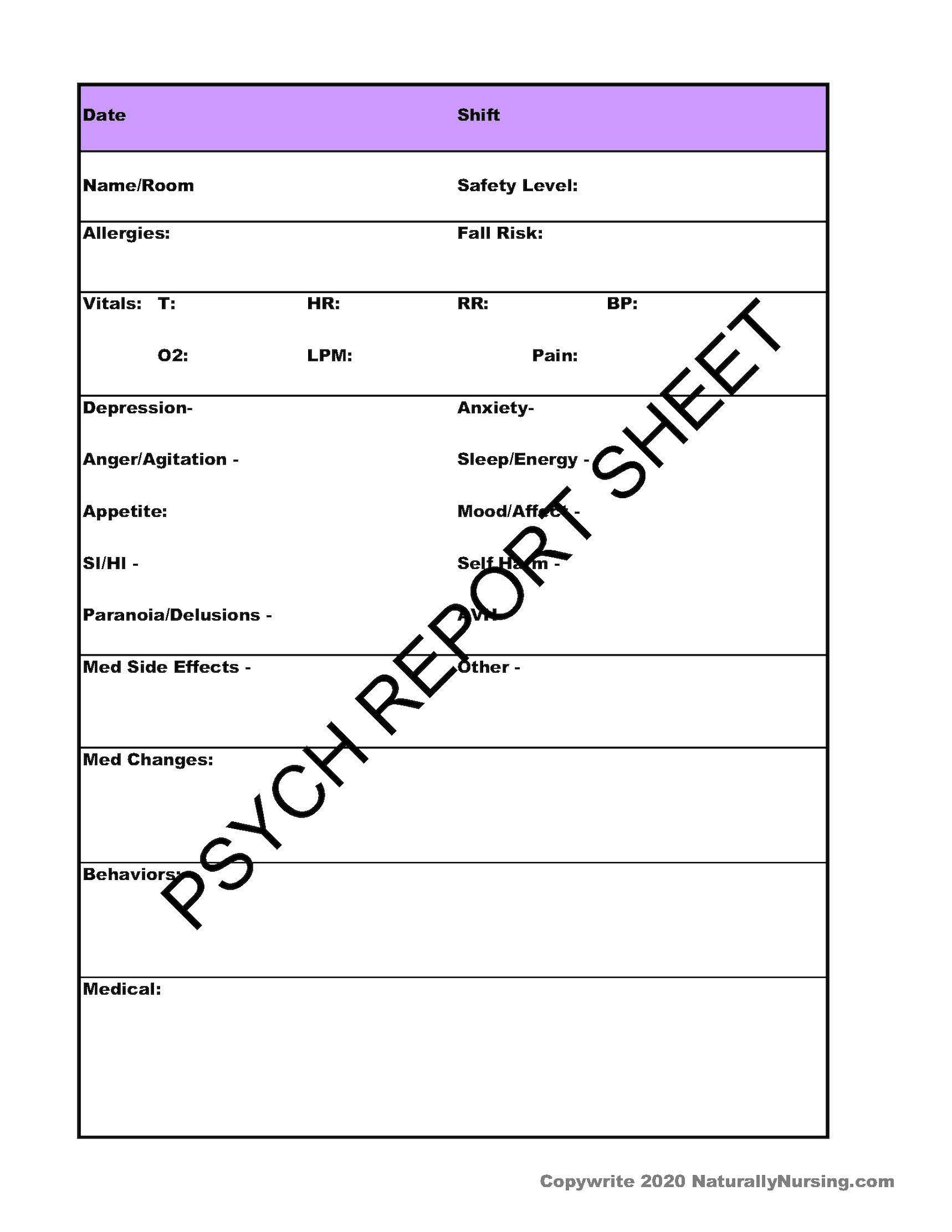 NURSING REPORT Sheet Psych/Mental Health Nurse Organizer | Etsy