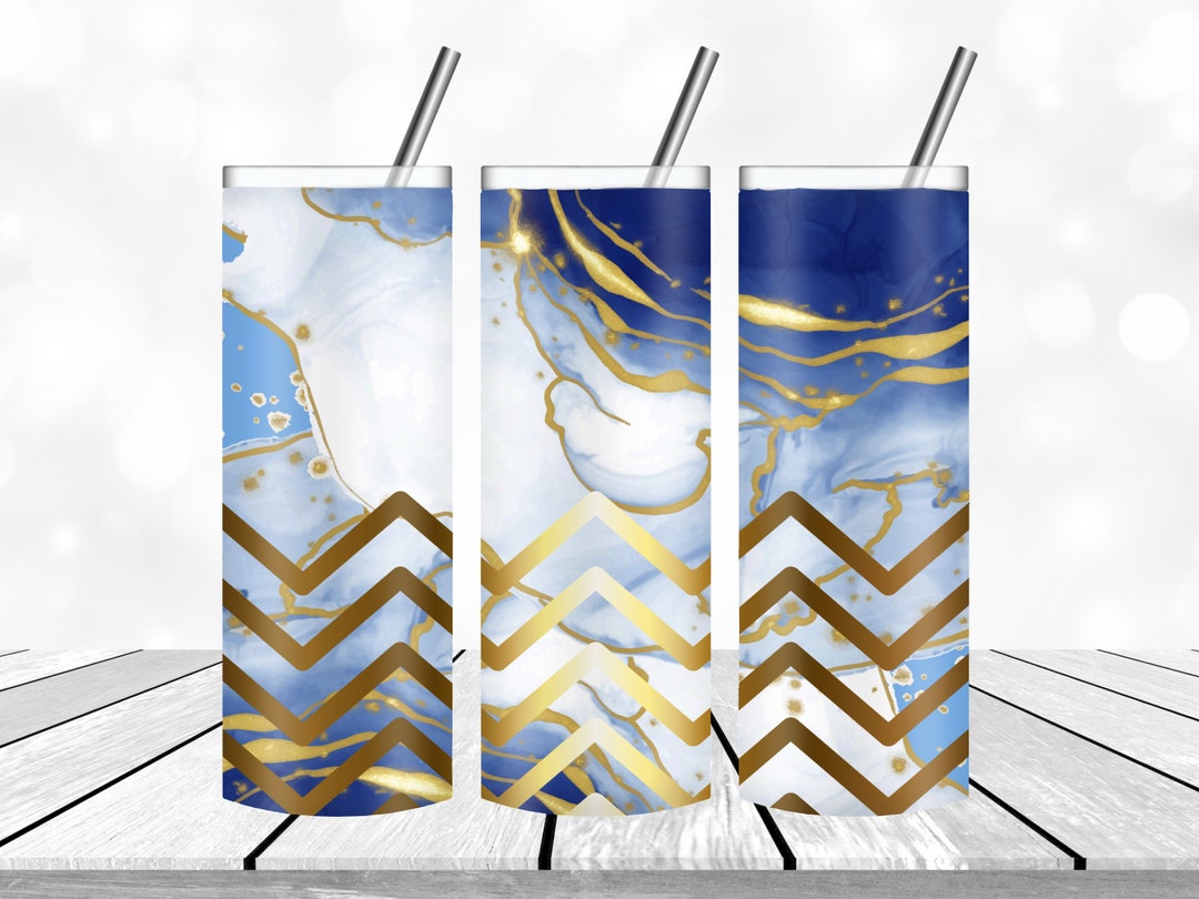20 Oz Skinny Tumbler Design Template Gold Striped Blue Wrap PNG ...