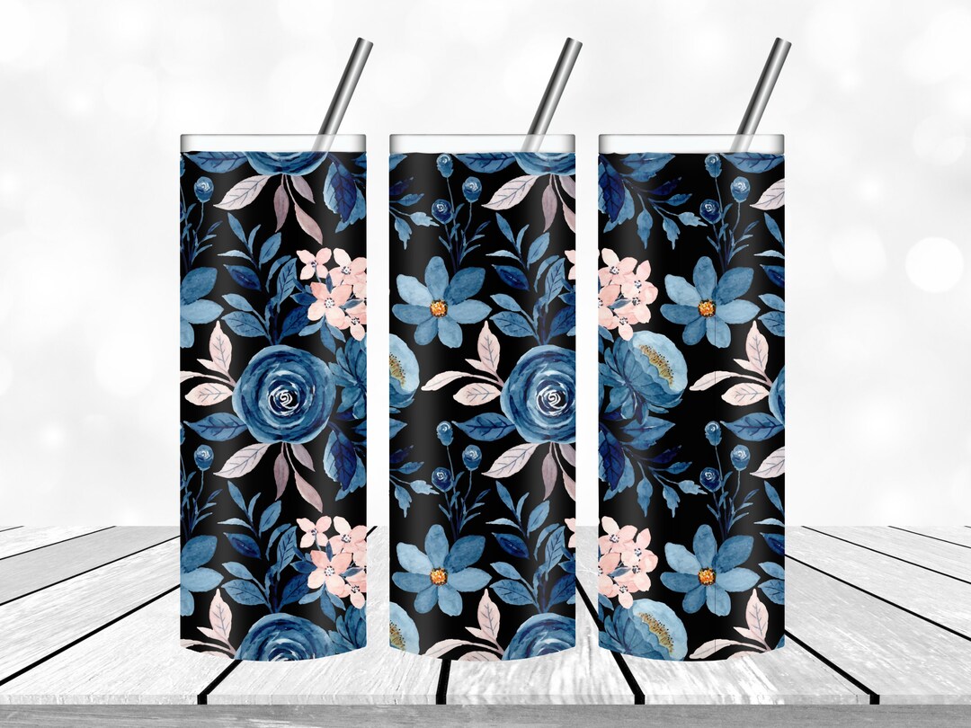 20 Oz Skinny Tumbler Design Template Blue Flower Black Background ...