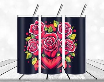 Roses Tumbler design Template leaves and Heart  Tumbler Wrap PNG Straight and  Design  Digital Download 20 oz Skinny  Tumbler Wrap PNG