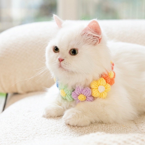 Cute Rainbow Flower Soft Kitten Collar Pet Costume Cat Clothes Knitted Neckwear Outfit Dog Fashion Wear Handmade Accessories Adjustable Bib