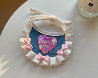 Denim Pet Collar with Heart Patch, Ruffled Trim, Adjustable Pet Accessory