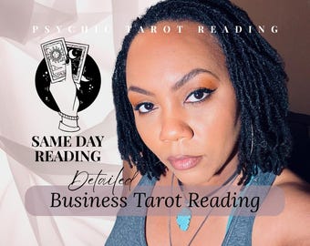 May include: Image featuring a woman with dark hair and a gray top. The image includes text that reads "Psychic Tarot Reading", "Same Day Reading", and "Detailed Business Tarot Reading". A hand holding tarot cards is also depicted.