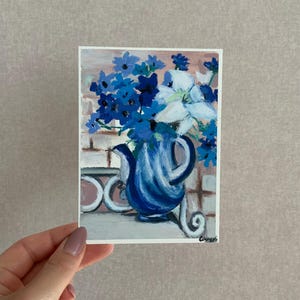 Oil pastels on paper, vase with flowers on a bench