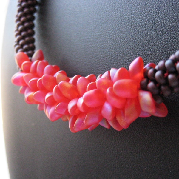 Japanese Beaded Kumihimo Necklace Long Magatama Transp Red Orange Mat AB and Miyuki Dark Raspberry Iris Braided Jewel Kumihimo Perles