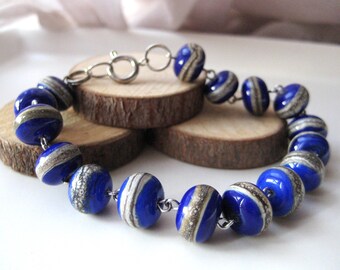 Pulsera de cuentas de cristal de Murano, cuentas de cristal de Murano azul cobalto, cuentas de cristal veneciano, pulsera azul para ella