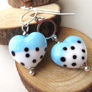 Lampwork Murano Glass Heart Earrings Blue/White Hearts with Black Dots in Spun Glass Ear Jewelry for Her