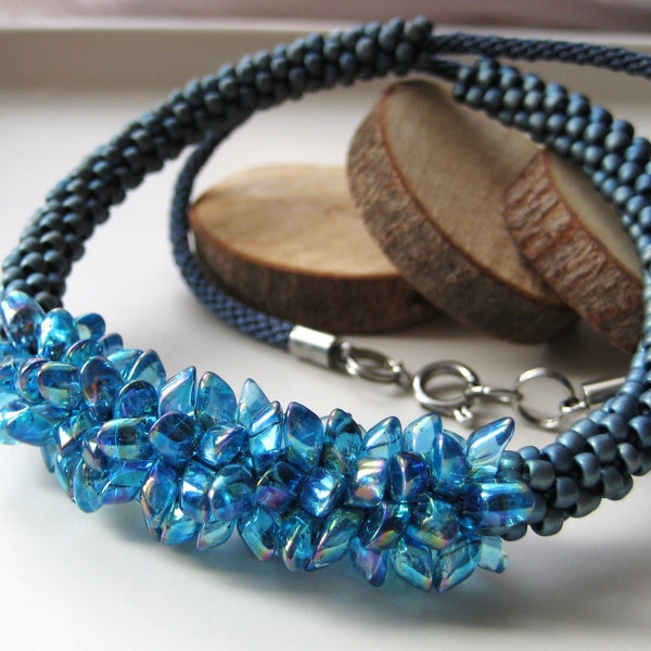 Kumihimo necklace in Japanese beads Miyuki Long Magatama Black lined Aqua AB and Toho Met Frosted Mediteranian Blue Braided Kumihimo jewelry