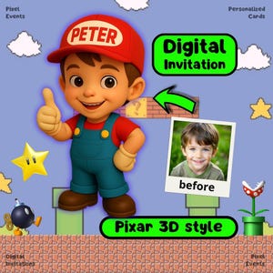 MARIO BROSS Kid | Chłopiec e-zaproszenie na urodziny | Chibi 3D Pixar Style, edytowalny szablon zaproszenia urodzinowego, cyfrowa karta zaproszenia na imprezę, Evite