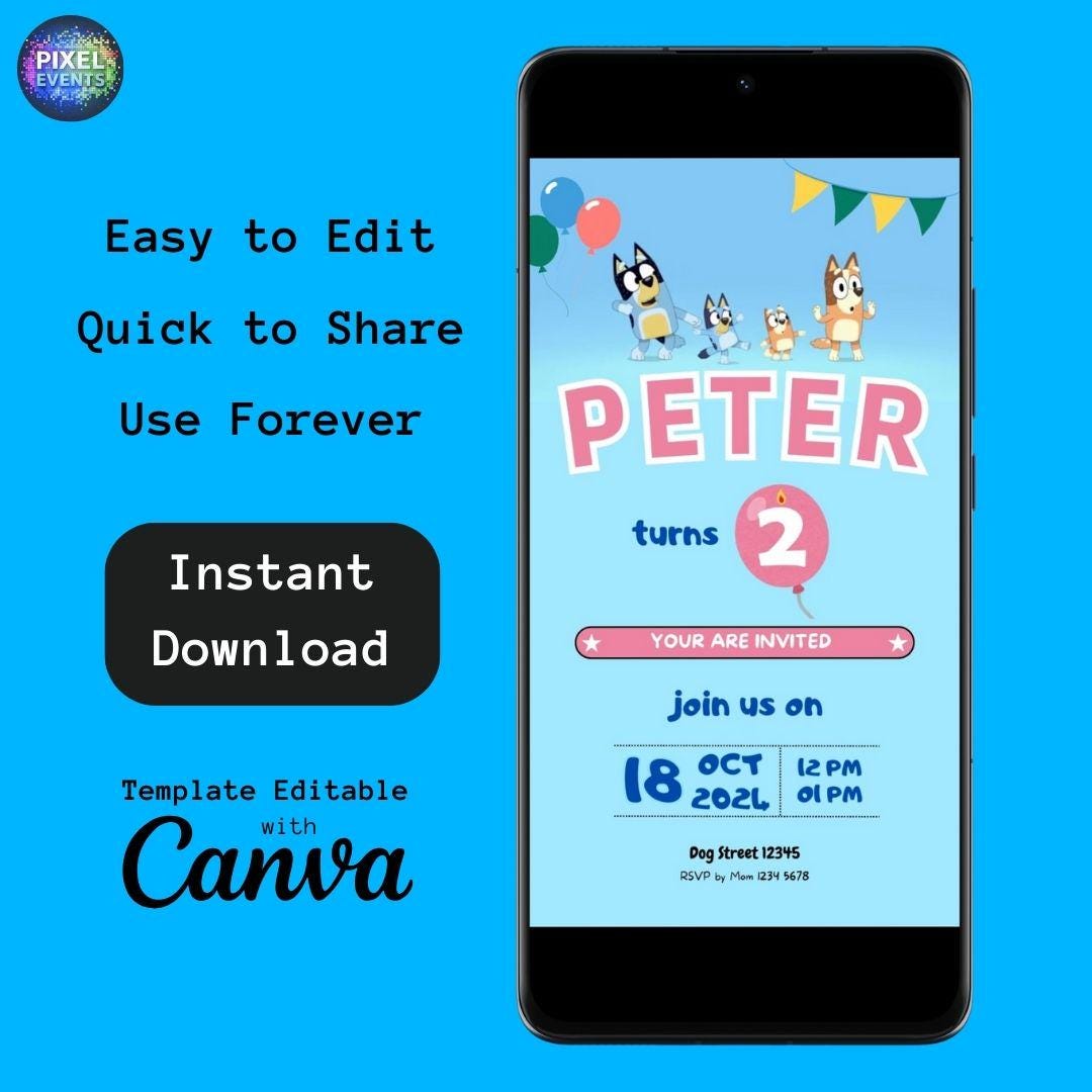 Editable Bluey Party Video Invite (Pixelevents)