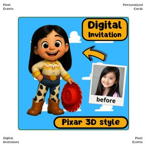 JESSIE Kid | Invito elettronico per il COMPLEANNO di un bambino | Chibi 3D in stile Pixar, modello di invito di compleanno modificabile, biglietto d'invito digitale per feste, Evite