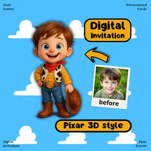 WOODY KID | Elektronische Geburtstagseinladung für Jungen | Chibi 3D Pixar Stil, Bearbeitbare Geburtstagseinladungsvorlage, Digitale Party-Einladungskarte, Evite
