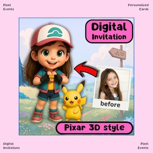 Pokemon Pikachu CHIBI 3D PIXAR Style | Girl BIRTHDAY e-Invitation | Editable Birthday Invitation Template, Digital Party Invite Card, Girl