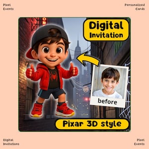 SPIDERBOY Chibi 3D Stile PIXAR | Invito elettronico per il COMPLEANNO di un bambino | Modello modificabile per invito di compleanno, biglietto d'invito digitale per feste, Spiderman