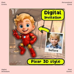 IRONMAN Kind | Junge GEBURTSTAGS-E-Einladung | Chibi 3D Pixar Stil, Bearbeitbare Geburtstagseinladungsvorlage, Digitale Party-Einladungskarte, Evite