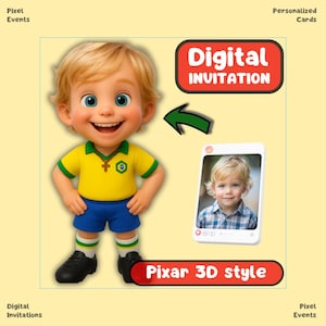 3D PIXAR Style Soccer Brasil BIRTHDAY E-INVITATION | Editable Birthday Invitation Template, Digital Party Invite Card, Chibi Boy 3D Style
