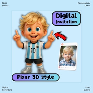 3D PIXAR Style Soccer Argentina BIRTHDAY e-INVITATION | Mobile Birthday Invitation Template, Digital Party Invite Card, Chibi Boy 3D Style