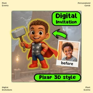 Convite eletrônico de aniversário infantil THOR | Estilo Chibi 3D Pixar, modelo de convite de aniversário editável, cartão de convite digital para festa, convite eletrônico Evite