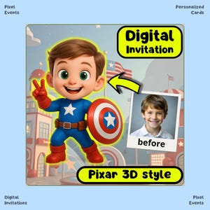 CAP AMERICA Kind | Elektronische Geburtstagseinladung für Jungen | Chibi 3D Pixar Style, Bearbeitbare Geburtstagseinladungsvorlage, Digitale Party-Einladungskarte, Evite