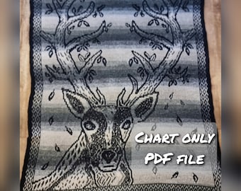 May include: Black and white crochet pattern featuring a deer with large antlers. The pattern is on a gray and white striped background. The text "CHART ONLY PDF FILE" is in the lower right corner of the image.
