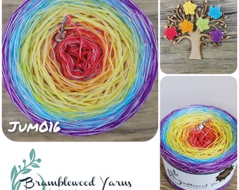 May include: A rainbow ombre yarn cake in shades of purple, blue, green, yellow, orange, and red. The yarn is wound into a circle and has a white label with the text "JUM016".