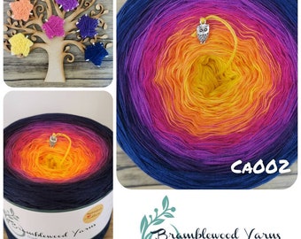May include: A skein of yarn in a gradient ombre colorway, transitioning from dark blue to purple, pink, orange, and yellow. The yarn is wound into a ball shape and has a small owl charm attached to it. The label reads "Bramblewood Yarns Gradient ombre cakes" and "CA002".