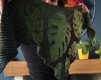 monstera illusion shawl, pattern only knitted monstera shadow shawl, knitted illusion effect shawl, PDF file pattern