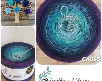May include: A skein of gradient yarn in shades of purple, teal, and blue. The yarn is wound into a cake shape and labeled "Bramblewood Yarns Gradient ombre cakes" and "CA063".