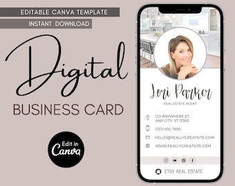 May include: A digital business card template for a real estate agent. The template features a photo of the agent, their name, contact information, and social media icons. The text on the card reads "Lori Parker, Real Estate Agent, 123 Anywhere St., Any City, ST 12345, (123) 456-7890, hello@reallygreatsite.com, www.reallygreatsite.com, Etsy Real Estate".