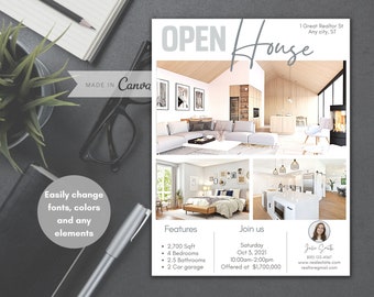 Plantilla de volante de puertas abiertas, plantillas de bienes raíces, plantillas de puertas abiertas, plantilla Canva, folleto de bienes raíces, marketing inmobiliario
