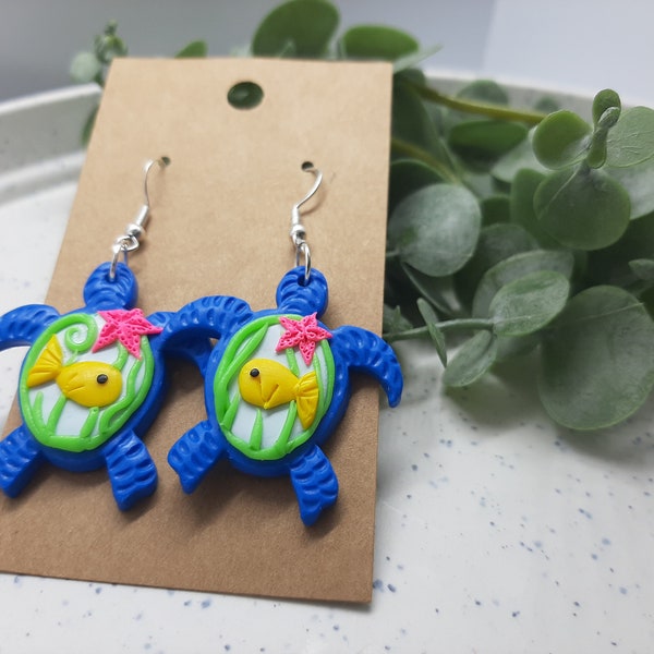 Sea Turtle Earrings, Aquarium Statement Jewelry, Fishbowl Earrings, Jewelry for Ocean Lovers, Clay Ocean Dangles, Turtle Pendant