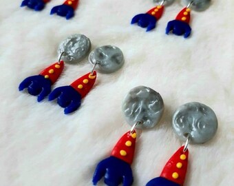 Rocketship Earrings, NASA Inspired Space Earrings, Science Teacher Earrings, Apollo Mission, Clay Statement Dangles, Moon Inspired Jewelry
