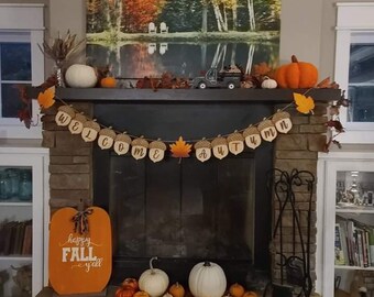 Autumn Garland, Fall Garland, Welcome Autumn, Fall Farmhouse Banner, Fall Wood Decor, Thanksgiving Banner, Acorn Nut, Garland for Mantle