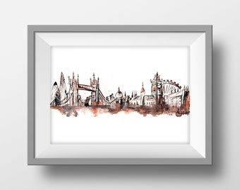 Digital Art Prints - Instant Download - Abstract London Skyline - Watercolour painting - 400 DPI