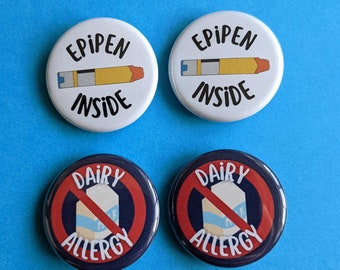 Allergy Alert Pins, Dairy Allergy Pins, Allergy Medical Alert Pins, EpiPen Inside Pin, Allergy Alert Buttons, Dairy Allergy Buttons