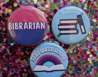 Bisexual Librarian Pins, Bisexual Librarian Pinback Buttons, Bisexual Librarian Gifts, Read Queer Books Pins, Bisexual Pride Pins, Bibrarian