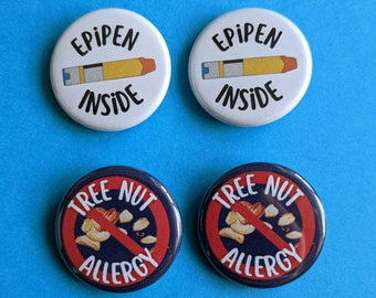 Tree Nut Allergy Pins, Tree Nut Allergy Buttons, Allergy Medical Alert Pins, EpiPen Inside Pin, Allergy Alert Buttons